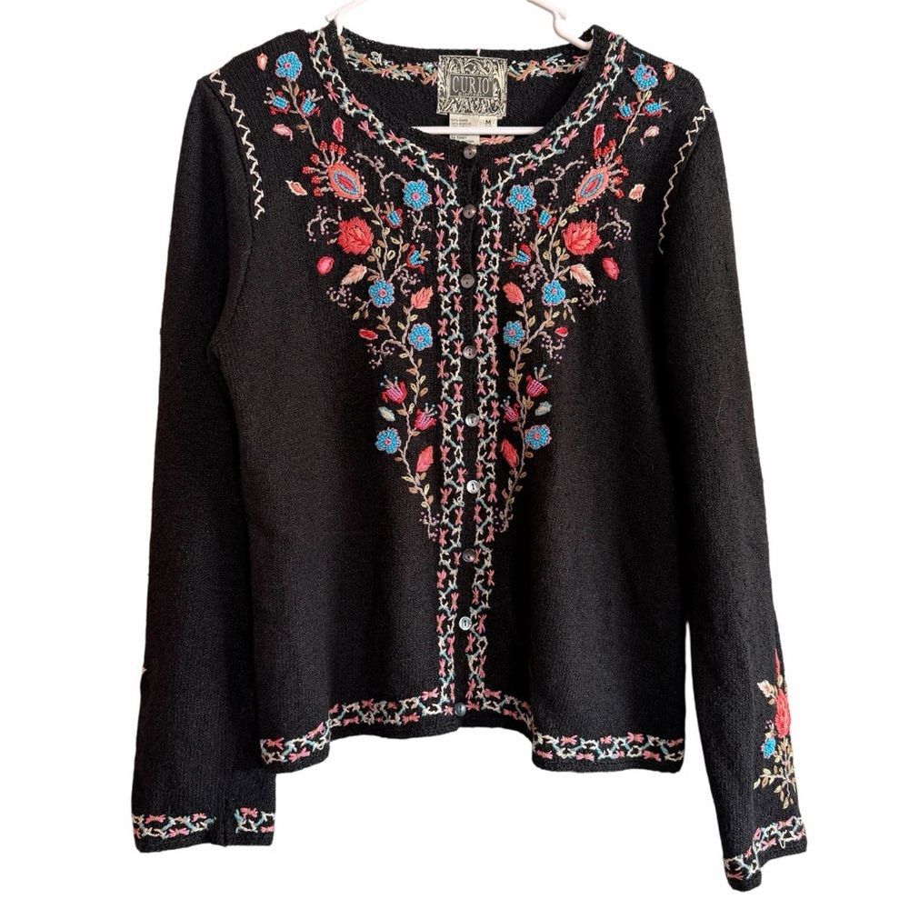 Vintage Curio Black Floral Embroidered Beaded Boho Cottage Cardigan Sweater M